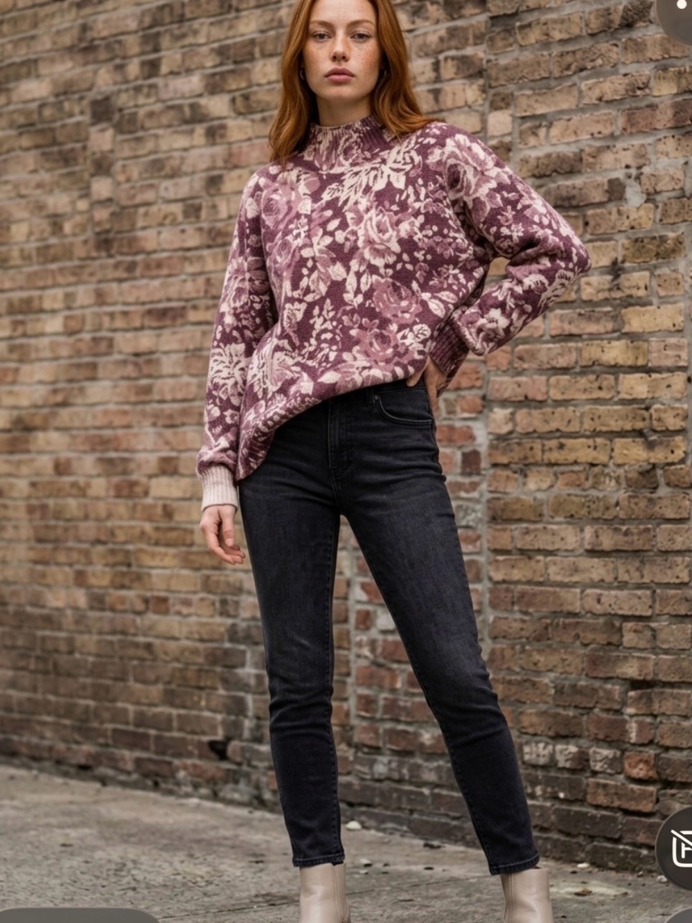 LC Lauren Conrad Floral Mock Neck Sweater - Mauve Cream